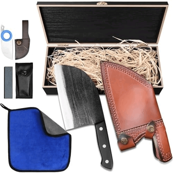 6.7 Inch Japanese Chef Knife with Leather Sheath, Elegant Gift Box, Full Tang High Carbon Steel Meat Cleaver Butcher Knife for Kitchen Outdoor, Gifts for Women Men Christmas Birthday