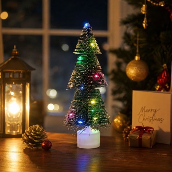 6.7 Inch Lighted Mini Christmas Tree Tabletop Decor, Snow Dusted Pine Tree with Colorful LED Lights, Frosted Holiday Night Lamp