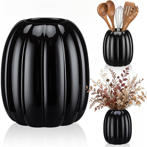 6.7 Inch Resin Black Pumpkin Vase, Large Pumpkin Utensil Holder ,Pumpkin Flower Vase, Decorative Plant Pots, Fall Kitchen Decor, Halloween, Autumn , Thanksgiving, Farmhouses Home Decorations