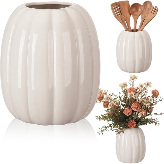 6.7 Inch Resin Pumpkin Vase,Utensil Holder，Pumpkin Flower Vase, Decorative Plant Pots, Fall Kitchen Decor, Halloween, Autumn , Thanksgiving, Farmhouses Home Decorations，white