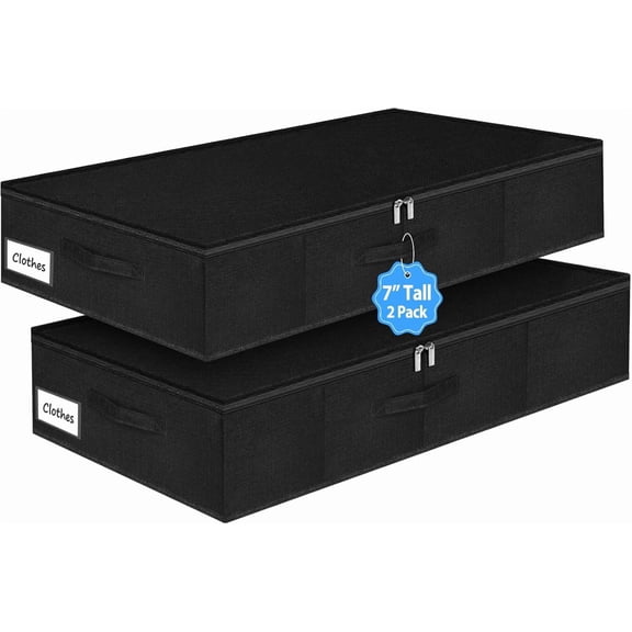 6.7-Inch Tall Under Bed Storage Bin with Zipper, Underbed Container w/Rigid Sides & Bottom, Large Clothes Organizer Box for Bedroom, Dorm, Couch, Dressers, 30x15x6.7 Inches, Black