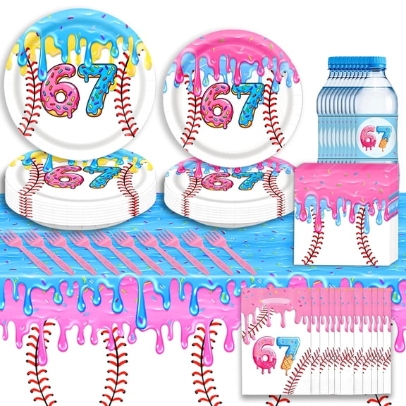 Viral 67 Meme Tableware Set for Birthday Party Decoration - 71 Pcs Social Media Trend Party Supplies with Plates Napkins Forks Water Bottle Labels Tablecloth & Gift Bags