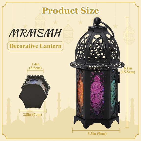 6.7'' Moroccan Lanterns Decorative Indoor & Outdoor Vintage Candle Holder Hanging Tabletop Metal Ramadan Lanterns with Six Color Glasses for Home Patio Porch Decor (Black)