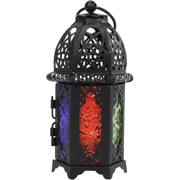 6.7'' Moroccan Lanterns Decorative Indoor & Outdoor Vintage Candle Holder Hanging Tabletop Metal Ramadan Lanterns with Six Color Glasses for Home Patio Porch Decor (Black)