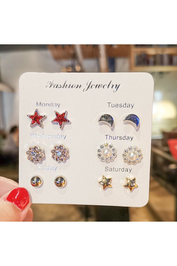 6~7 Pairs/Set Korean Style Week Earrings Set Crystal Rhinestone Ear Stud Gift