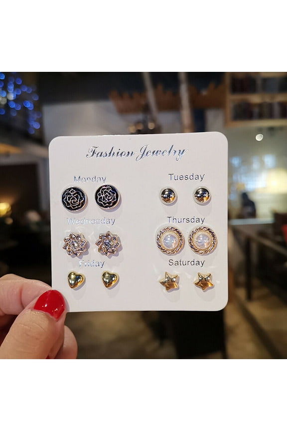6~7 Pairs/Set Korean Style Week Earrings Set Crystal Rhinestone Ear Stud Gift