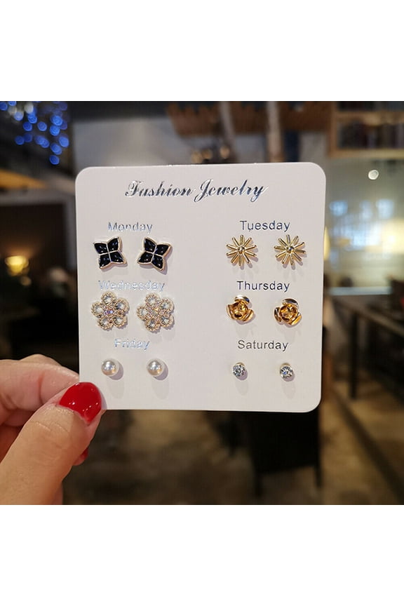 6~7 Pairs/Set Korean Style Week Earrings Set Crystal Rhinestone Ear Stud Gift