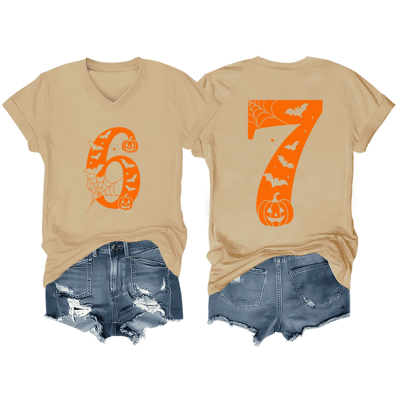 6 7 Shirts Graphic Six Seven Meme Pumpkin T-Shirt V-Neck Halloween Costume