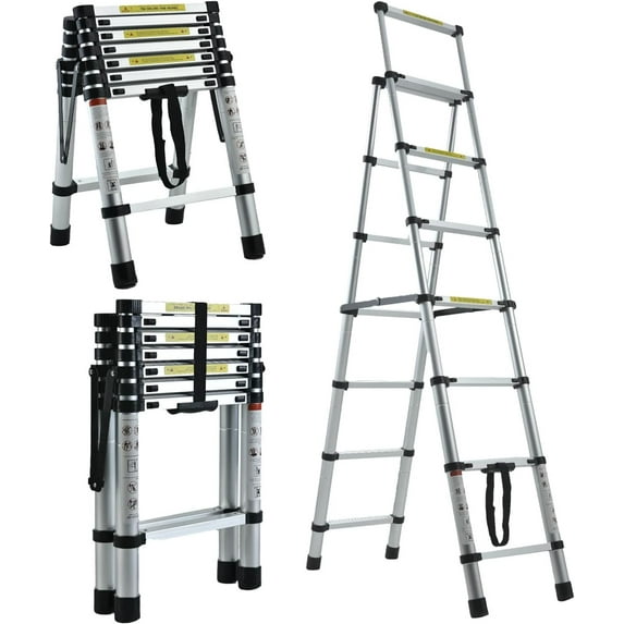 6+7 Step Ladder Telescoping Ladder 6.5FT Portable Multi-Purpose Folding Ladder Aluminum Heavy Duty Extension Telescopic Ladder Convenient Handgrip Widened Pedal Safety Lock 330lb Max Load Easy to Use