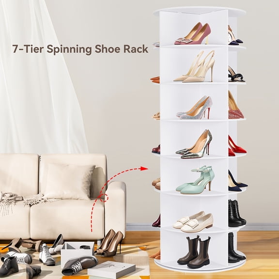 6/7-Tier Rotating Shoe Storage Tower, 360 Spinning Shoe Organizer Carousel, Vertical Shoe Display for Closet Organization, Accommodates 24/28+ Pairs (White)