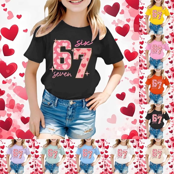 6 7 Tshirts For Kids Six Seven Funny Pritn Short Sleeve Crew Neck Top Girls 67 Shirt Black 8 Y-9 Y