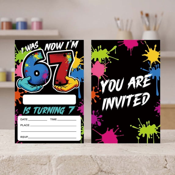 6-7 Year Old Graffiti Themed Birthday Invitations "I Was 6 Now I Am 7" Design, Fun Party Supplies for Boys Girls Birthday Celebration and Event Layout