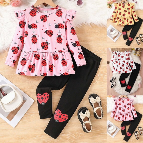 6-7 Years Child Little Girls Kid Fall Outfit Ruffle Sleeve Shirt Top Floral Pants Winter Clothing Set 6-12 Months 12-24 Months 2T 3T 4T 5T 6T 7T Set Girls Pink Tracksuit