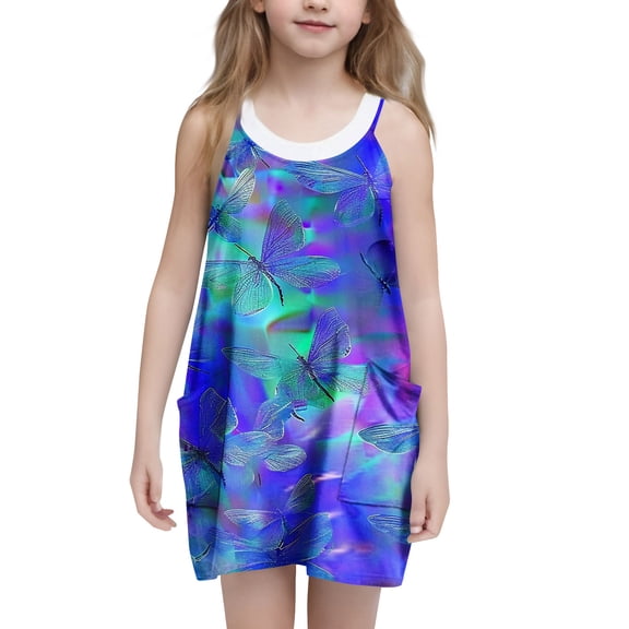 6-7 Years Girl's Print Cami Casual Dress Sleeveless Hawaiian Summer A Line High Waist Mini Sundress