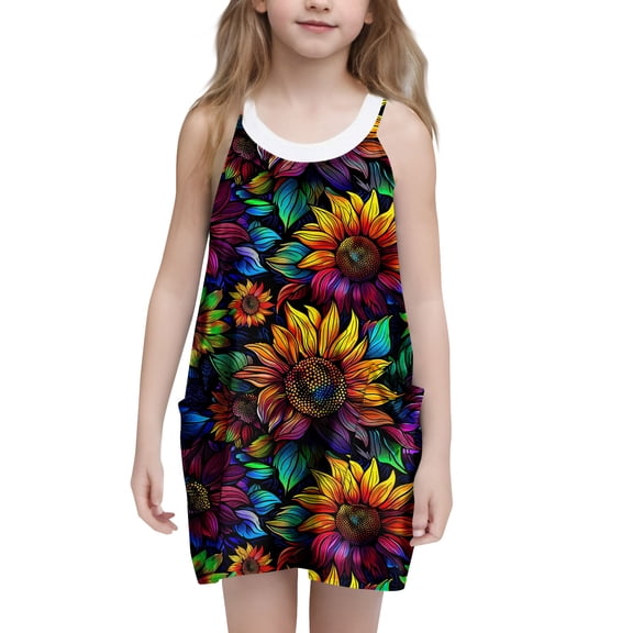 6-7 Years Girl's Print Cami Casual Dress Sleeveless Hawaiian Summer A Line High Waist Mini Sundress