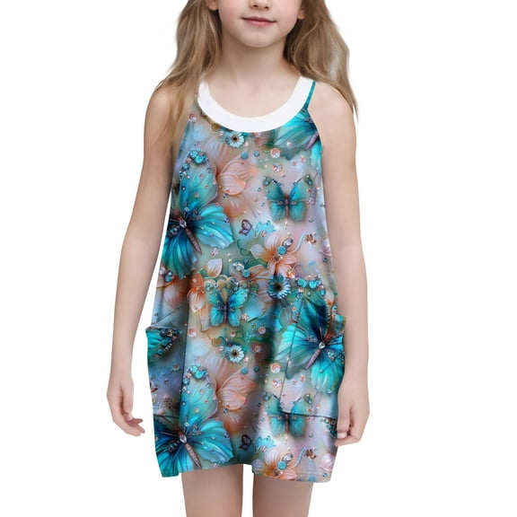 6-7 Years Girl's Print Cami Casual Dress Sleeveless Hawaiian Summer A Line High Waist Mini Sundress