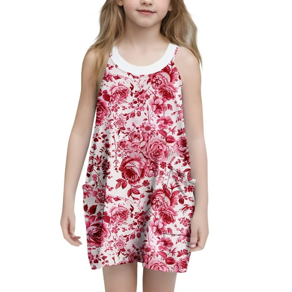 6-7 Years Girl's Print Cami Casual Dress Sleeveless Hawaiian Summer A Line High Waist Mini Sundress