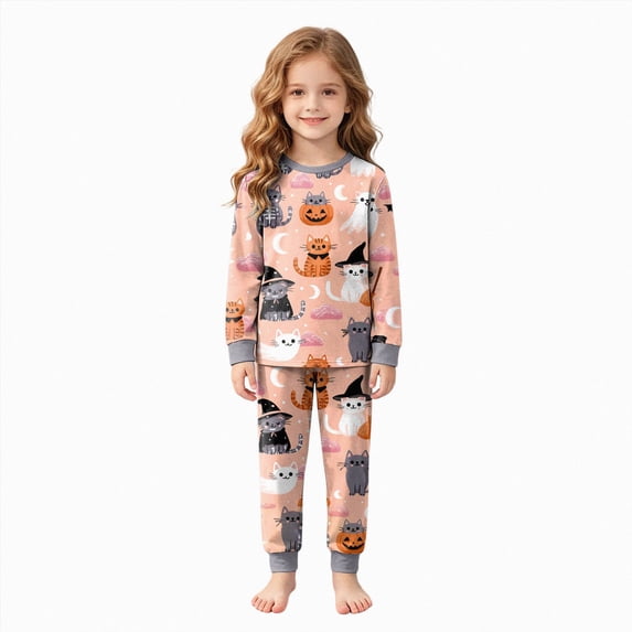 6-7 Years Girls And Boys Halloween Set Halloween Print Long Sleeved Homewear Two Piece Set Party Boys Girls Halloween Pajama Costumes Light Gray Halloween Clothing