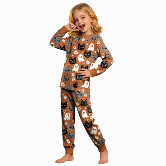 6-7 Years Girls Halloween Long Sleeve T Shirt And Pants Two Piece Casual Set For Kid's Halloween Pajamas Family Matching Cute Pjs For Girls