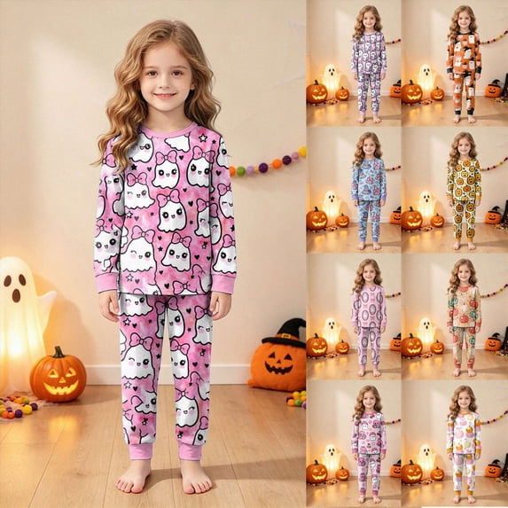 6-7 Years Girls Halloween Print Long Sleeved Homewear Two Piece Set Toddler Halloween Pajamas Girl Cute Pajamas For Girls