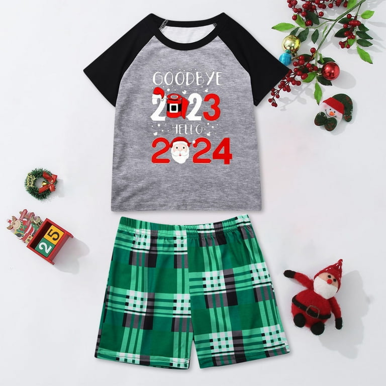 6 7 Years Kid Family Christmas Pajamas Short Sleeve for New Year Goodbye 2023 Hello 2024 Christmas Shorts Pj Set Green Plaid Matching Family Christmas