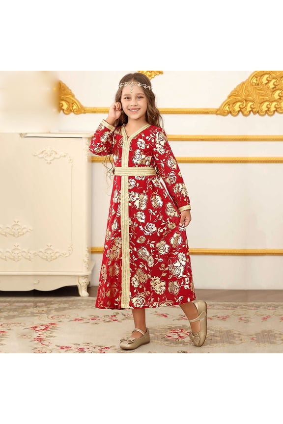 6-7 Years Kids Girls Kaftan Kimono Dress Tunic Long Maxi Summer Beach Cover up Muslim Dress Red