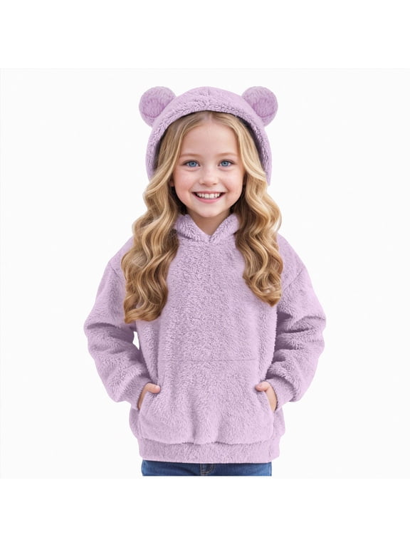 6-7 Years Toddler Girls Hoodie Fuzzy Fleece with 3D Bear Ears