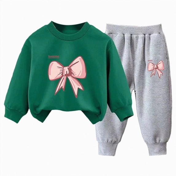 6-7 Years Toddler Girls Outfit Sets 2 Pieces Long Sleeve Pullover Printed Girls Clothing Sets Dark Green Girl Winter Set