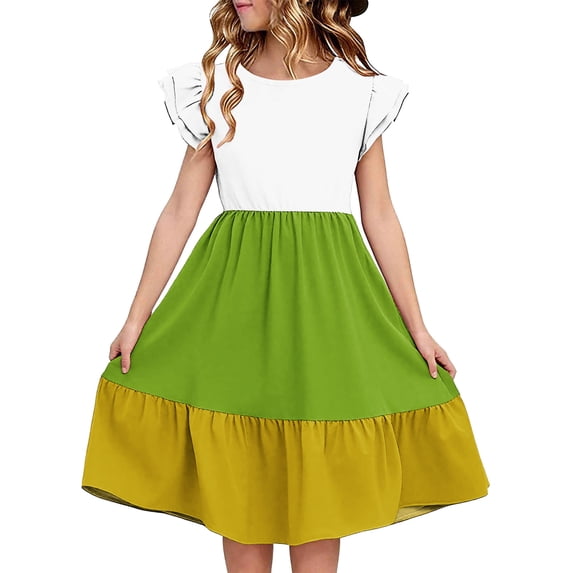 6-7 Years Tween Girls Summer Dress Ruffle Sleeve A Line Casual Party Dresses 6-13 Years
