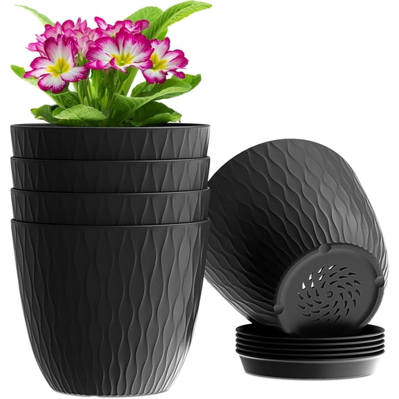 6/7 inch Plant Pots, 5 Pack Flower Pots with Drainage Holes and Saucers for Indoor Plants, Plastic Planters with Water Ripple for Small Garden House Plants, Nursery Pots for Succulent.