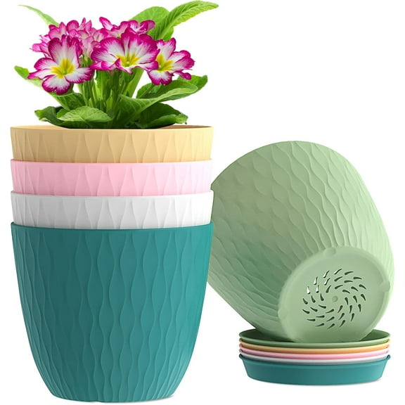 6/7 inch Plant Pots, 5 Pack Flower Pots with Drainage Holes and Saucers for Indoor Plants, Plastic Planters with Water Ripple for Small Garden House Plants, Nursery Pots for Succulent.