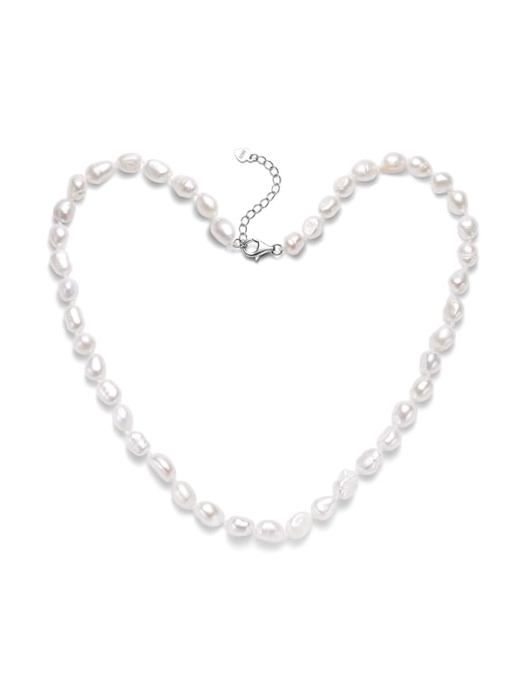 7-8 mm White Cultured Baroque Pearl Necklace, 18 + 2 in, S925 Sterling Silver Clasp Gift for Her