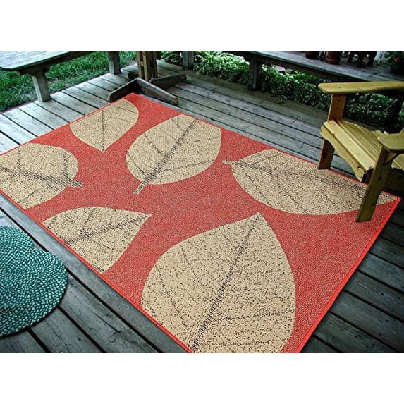 Furnish My Place Design0583 Sunset 6'7"x9'7" Big Floral Leaves Area Rugs For Indoor & Outdoor, Easy To Clean & Fade Resistant Washable Rug, Sunset Orange