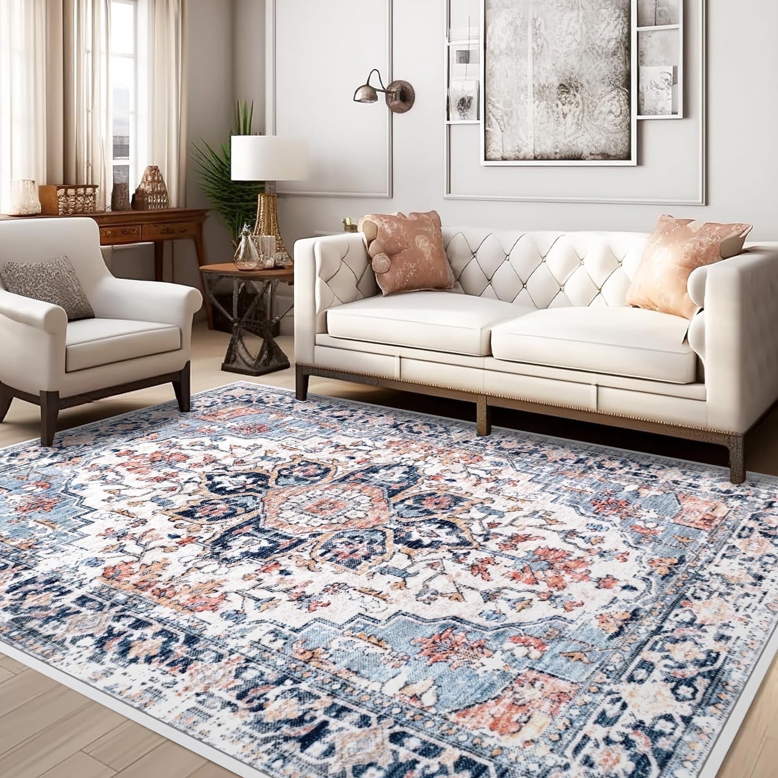 Meafeng Vintage Collection Bohemian Indoor Area Rugs, Machine Washable Rug Non-Slip Carpet for Living Room Bedroom, 6.6' x 10'(7'x10')