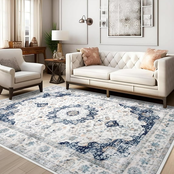 Meafeng Vintage Collection Area Rugs, Bohemian Floral Rug for Living Room, 6'7" x 10' (7x10) Carpet, Non-Slip, Machine Washable, Blue