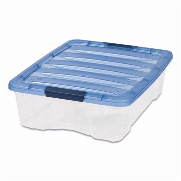 6.73 gal Stack & Pull Latching Flat Lid Storage Box, Clear & Translucent Blue