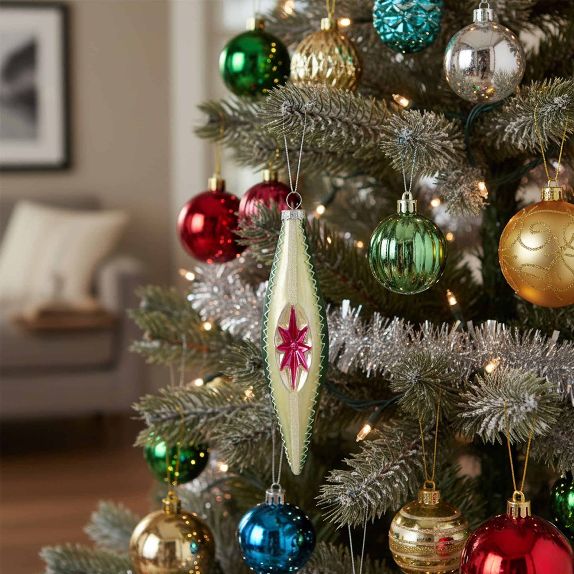 6.75" Green and White Retro Reflector Finial Glass Christmas Ornament