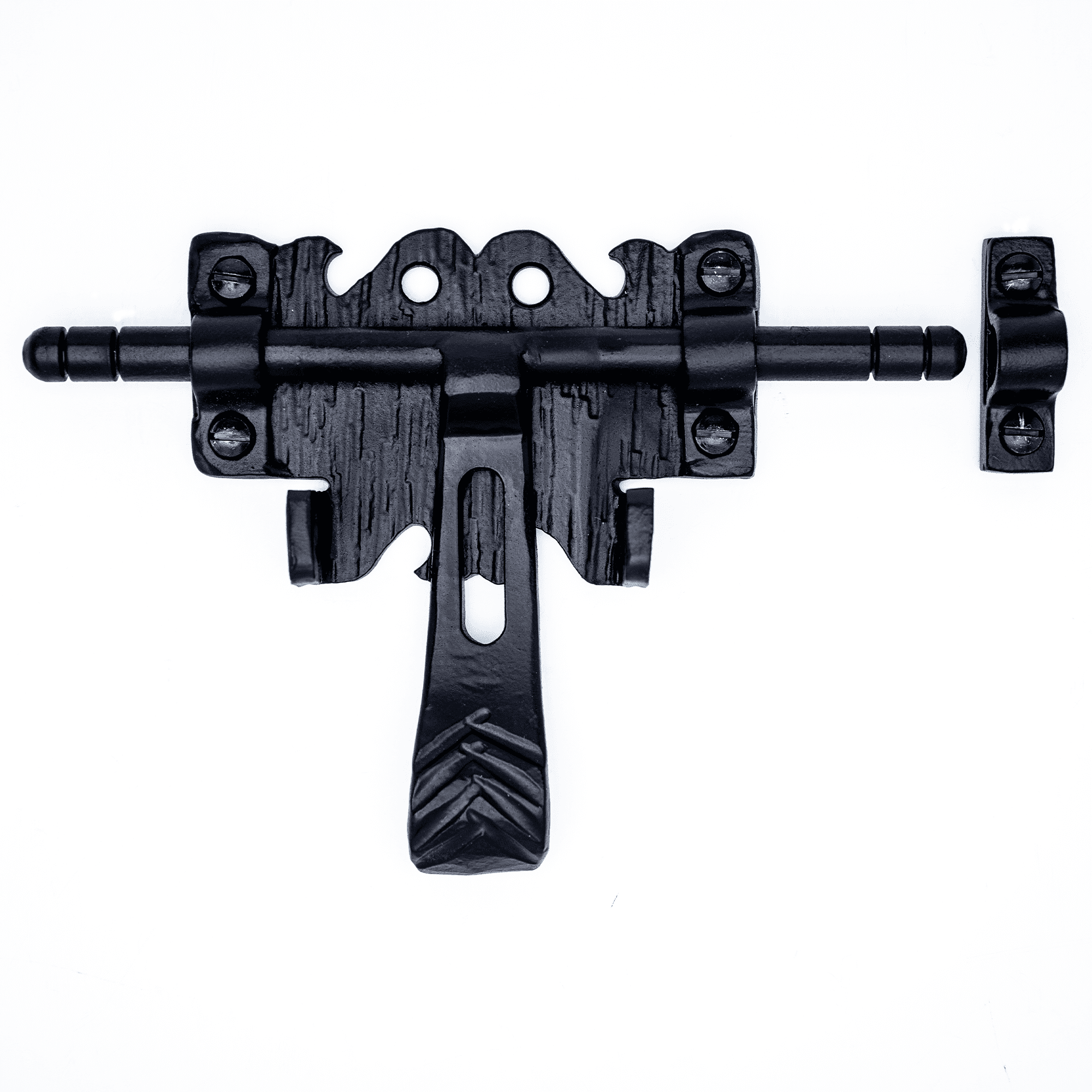 6.75 inch Decorative Bolt Latch- Black - Small Latch - Gate Hardware Wrought Iron Decorative Hardware Hook Latch Attic Door Latch - The Hacienda Series by Borderland Rustic Hardware