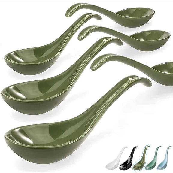 6.75 inch solid asian soup spoon 6 set, ramen soup spoon pho noodles miso, chinese soup spoon dumpling wonton oatmeal, deep oval hook design-green