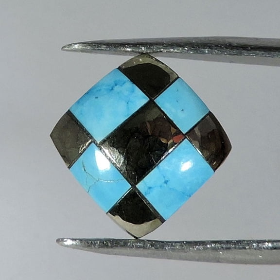 6.75Cts Chess Design Pyrite With Turquoise Cushion Shape Cabochon Gemstone