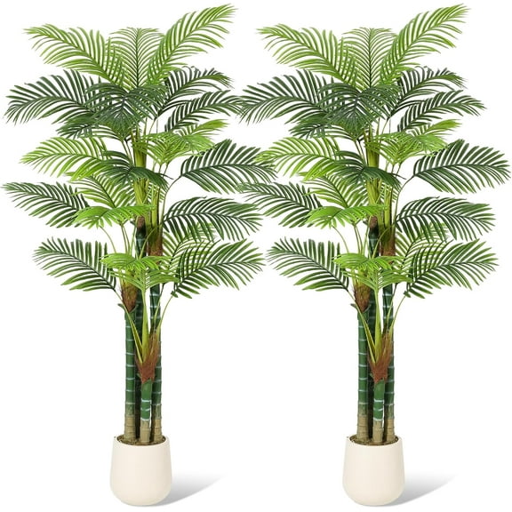 6/7FT Tall Palm Tree Fake Plant Golden Cane Palm Trees Large Artificial Plants Faux Plants for Living Room Yard Indoor Outdoor Home Decor with White Base Set of 2