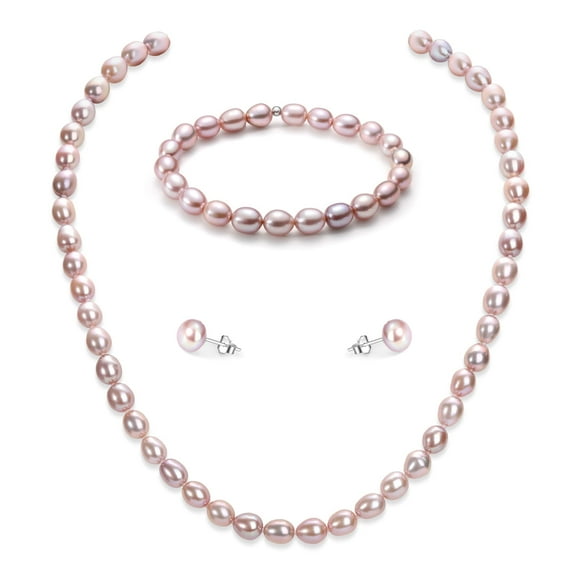 Bakimi 6-7mm Cultured Purple Pearl Jewelry Necklace Set with Bracelet & Stud Earrings, S925 Sterling Silver Adjustable Clasp Gift for Her