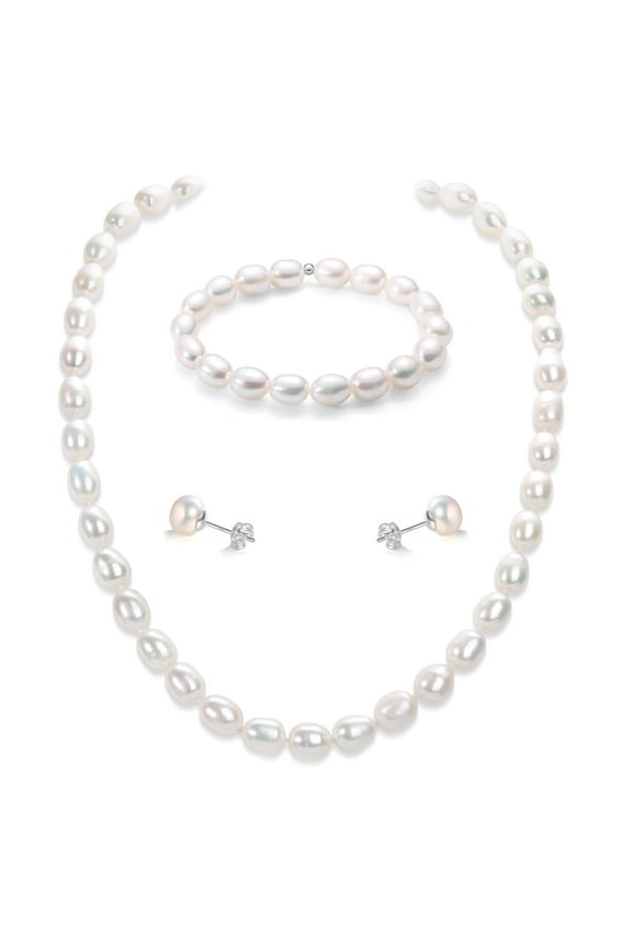 6-7mm Cultured White Pearl Jewelry Necklace Set with Bracelet & Stud Earrings, S925 Sterling Silver Adjustable Clasp Valentine's Day Gift for Her