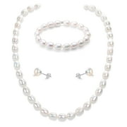 BAMIKI 6-7mm Cultured White Pearl Jewelry Necklace Set with Bracelet & Stud Earrings, S925 Sterling Silver Adjustable Clasp Gift for Her