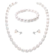 Bamiki 6-7mm Cultured White Pearl Jewelry Necklace Set with Bracelet & Stud Earrings, S925 Sterling Silver Adjustable Clasp Valentines Day Gift for Her