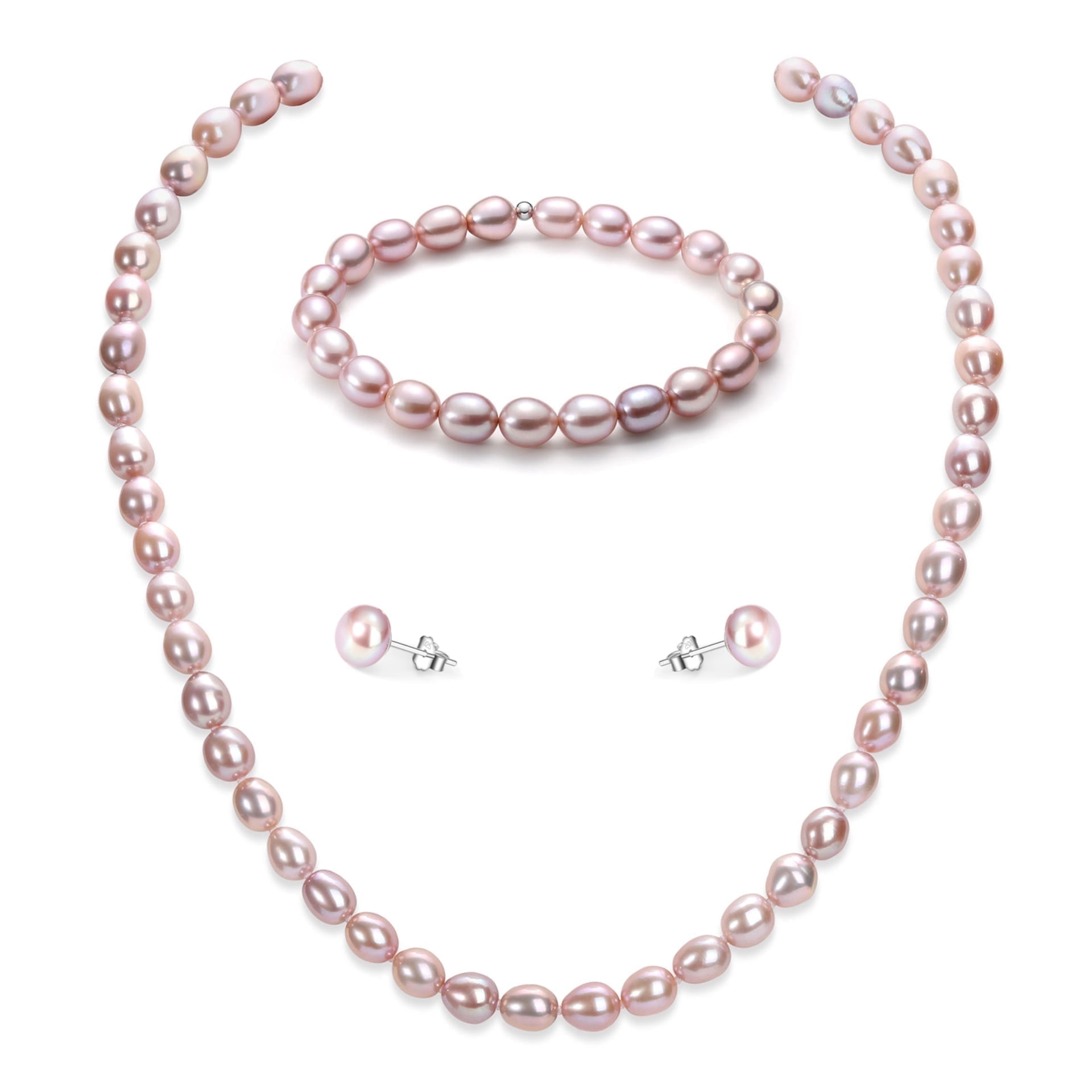 Bakimi 6-7mm Cultured Purple Pearl Jewelry Necklace Set with Bracelet & Stud Earrings, S925 Sterling Silver Adjustable Clasp Valentine's Day Gift for Her