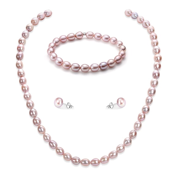 Bakimi 6-7mm Cultured Purple Pearl Jewelry Necklace Set with Bracelet & Stud Earrings, S925 Sterling Silver Adjustable Clasp Valentine's Day Gift for Her