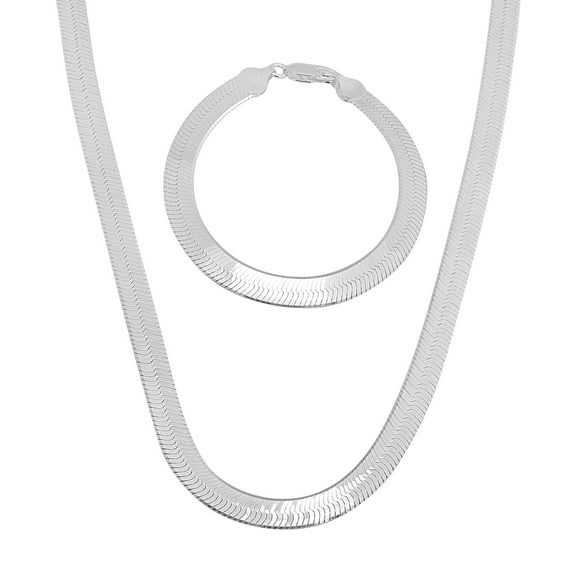 6.7mm Solid .925 Sterling Silver Flat Herringbone Chain Necklace + Bracelet Set, 22" (Necklace) + 9" (Bracelet)