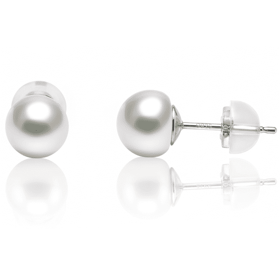 BAMIKI 6-7mm White Button Freshwater Cultured Pearl Stud Earrings S925 Sterling Silver for Women Valentine's Day Gift