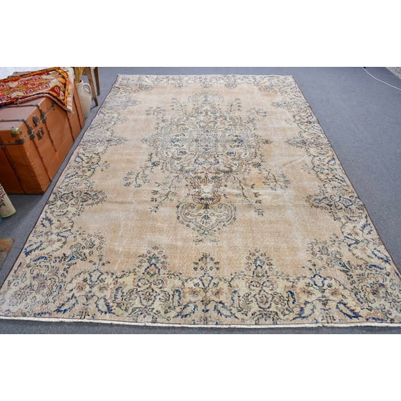 6.7x10.1 ft Large Rug, Vintage Rug, Turkish Rug, Oushak Rug, Rugs For Salon, Brown Wool Rug, Vintage Decor, Ethnic Living Room Rug, 12856